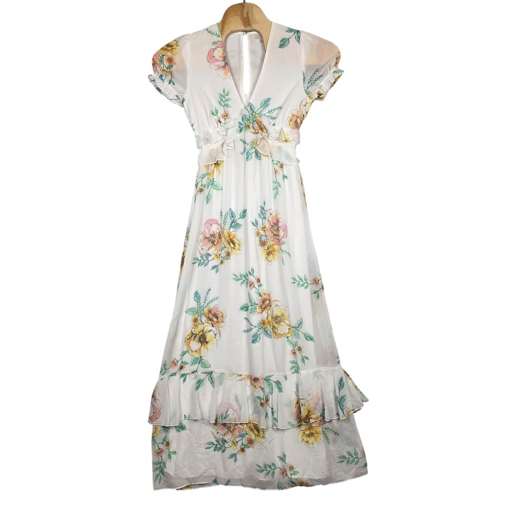 GB Dress Womens Medium White Floral Babydoll Maxi Lined Chiffon V Neck Back Zip